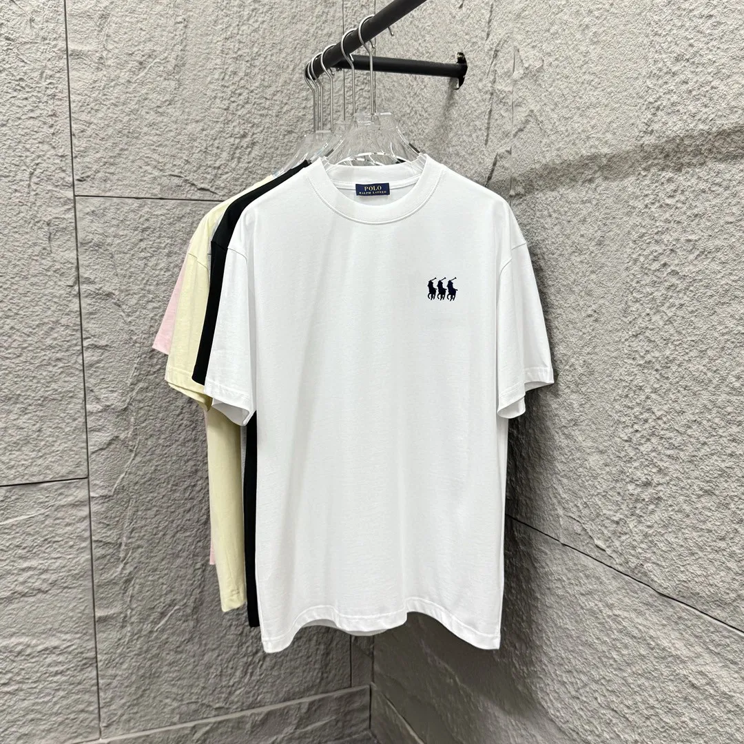 P150 Polo* Ralph Lauren 2025 spring and summer new style Classic three little pony embroidery Customized double yarn plain cotton fabric Short-sleeved T-shirt Uniform for men and women Color: black white Size: S (90-130 pounds) M (120-150 pounds) L (140-165 pounds) XL (160-180 pounds) XXL (180-210 pounds)